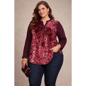 ODDI Womens Top 1X Burgundy Floral Velvet Burnout Tunic Dark Romantic Date Night